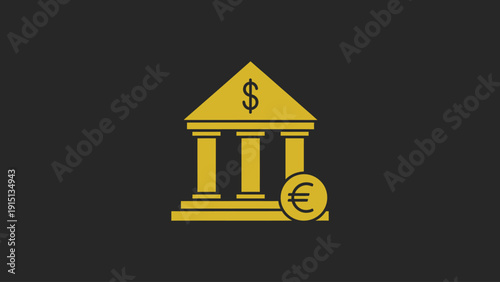 Gold Bank Icon with Dollar and Euro Currency Symbol on Dark Background Financial Vector Design