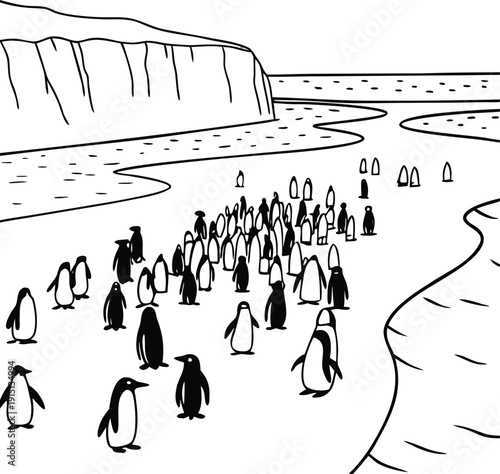 Vector illustration of a large colony of penguins on ice