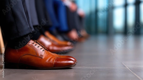 A row of polished brown business shoes in a waiting room, symbolizing professionalism and readiness, while hinting at the anticipation of important meetings.