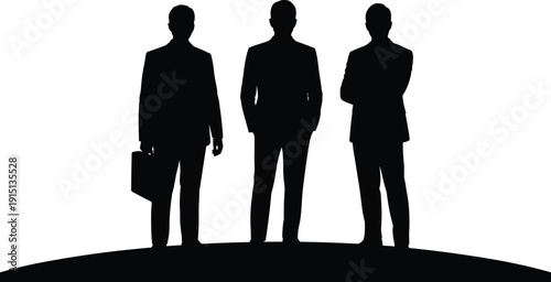 Business men silhouette team, corporate professionals standing confident leadership pose, executive partnership vector illustration isolated white background