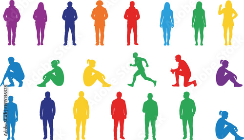 Colorful people silhouette pose collection, male female full body figures, active lifestyle characters, multicolor human actions, modern vector illustration set
