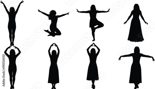 Female dancer silhouette poses collection, yoga balance jump stretch arms raised, black women vector illustration isolated on white background designFemale dancer silhouette poses collection