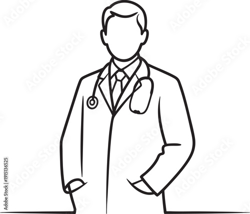 Doctor wearing lab coat and stethoscope, professional medical staff, healthcare provider, simple line art portrait