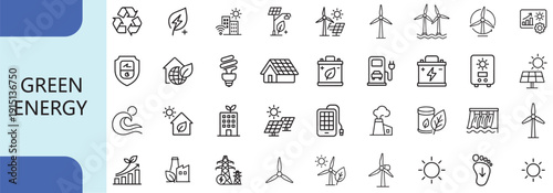 Renewable green energy and environmental sustainability line icon set vector design