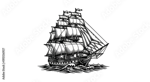 Vintage Sailing Ship Illustration on White Background