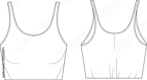 Crop tank top flat sketch, sleeveless fitted design, scoop neckline, stretch fabric, front and back views, fashion CAD