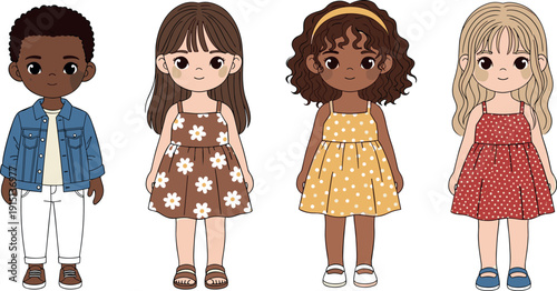 Vector illustration set of diverse cute children wearing stylish summer outfits including floral dresses and denim jacket for kids fashion.