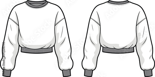 Crop sweatshirt front and back technical flat sketch, casual fashion cad drawing, long sleeve top vector illustration, clothing design template