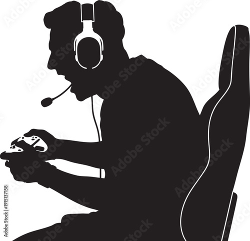 Gamer playing video games with headphones and controller, silhouette of person in gaming chair, intense concentration