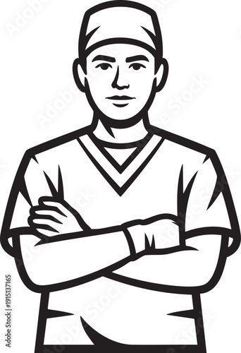 Doctor with arms crossed wearing surgical cap and scrubs, medical professional portrait, clean line art illustration