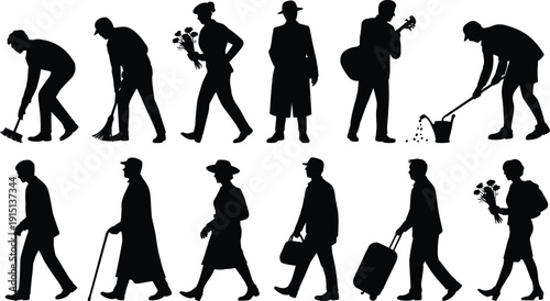 People silhouette collection walking cleaning gardening musician traveler elderly lifestyle activities, full body black vector illustration isolated set