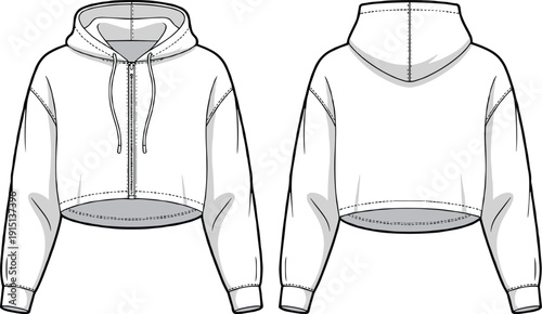 Cropped hoodie CAD sketch with drawstring hood, front zipper, long sleeves, cuffs and curved hem, vector fashion template views