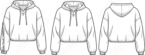 Cropped hoodie vector template with hood, half zipper, drawstrings, ribbed cuffs and hem, front and back technical fashion views