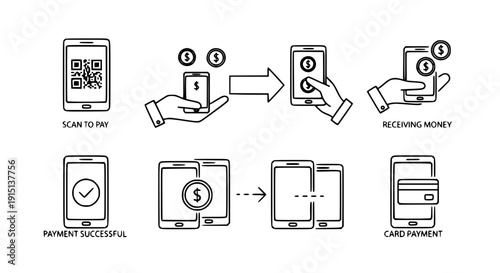 Online Money Transfer Vector Icon Set – Smartphone Payment and QR Code Illustration