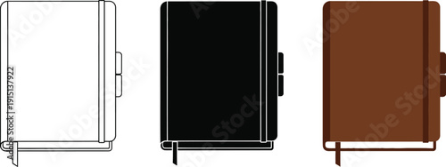 Three notebooks with elastic closure and bookmark in different styles displayed together