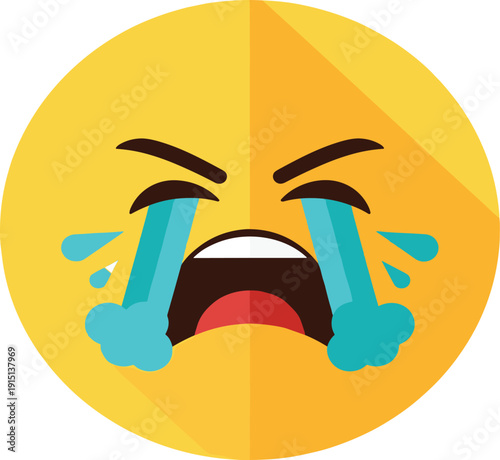 Crying emoji, emotional face icon, tears streaming, loud expression, cartoon sticker, grief reaction, vector illustration, sad emotion, digital art