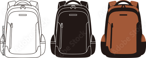 Three stylish backpack illustrations in different colors and design variations displayed together
