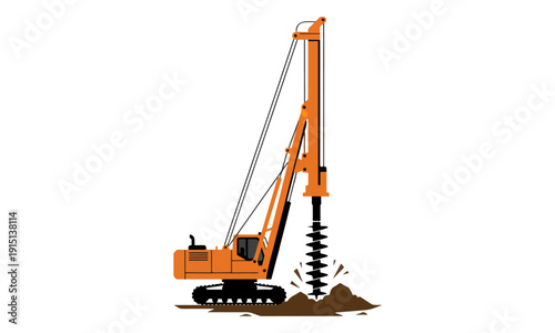 Orange Piling Rig Drilling Foundation Hole Vector Illustration