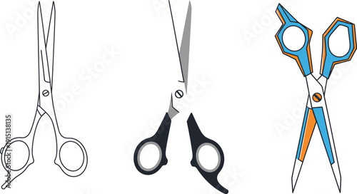 Various illustrations of scissors in different styles and colors on a white background displayed
