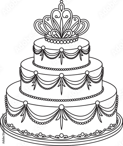 Elegant tiered wedding cake with ornate crown, celebration dessert, festive occasion treat, luxurious confectionery