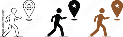 Simple line art illustration of walking man approaching a map location pin with star