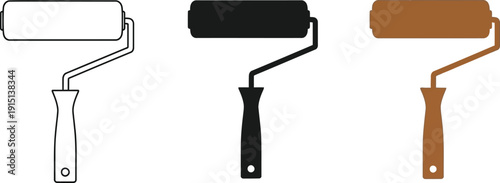 Set of three paint rollers in different colors and outline styles for decorating purposes shown