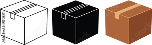 Collection of three sealed cardboard boxes in different outline and color variations