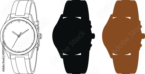 Elegant wristwatch illustrated in various styles and colors on a white background