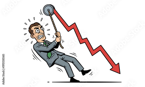 Businessman struggling to stop falling financial graph arrow decline