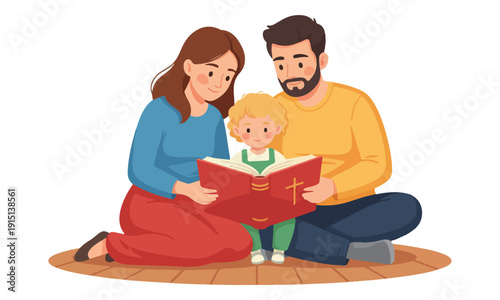 Family Reading Bible Together: Parents Teaching Child Religious Faith