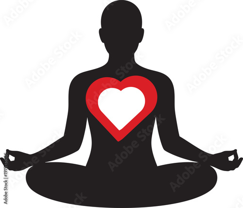 Silhouette meditating person with heart symbol, promoting inner peace and well-being