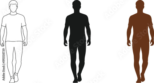 Three male figures in various styles including outline, silhouette, and colored silhouette