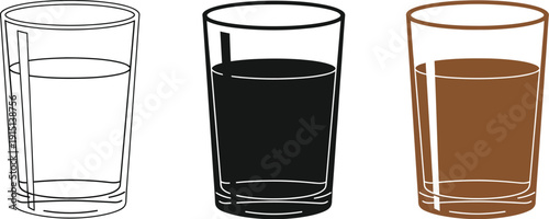 Clear, black, and brown beverages in transparent glasses with straws for drinking purposes daily