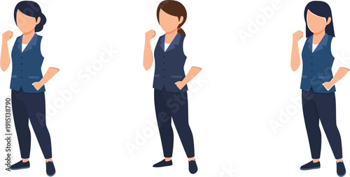 Strong confident businesswoman illustrator in various hairstyles and professional attire standing pose