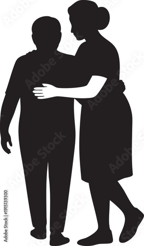 Silhouette of woman embracing older person, support and care for elderly, intergenerational connection, love and family