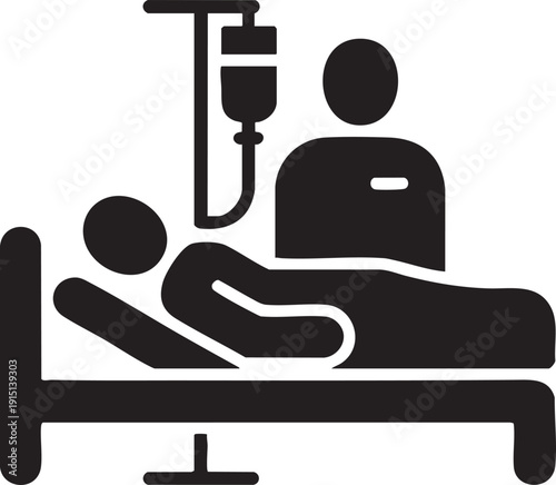 Patient in hospital bed receiving intravenous drip, nurse attending, medical care, hospitalization concept, hospital room