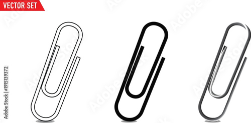 Three distinct paper clip vector designs in outline, black, and silver styles available