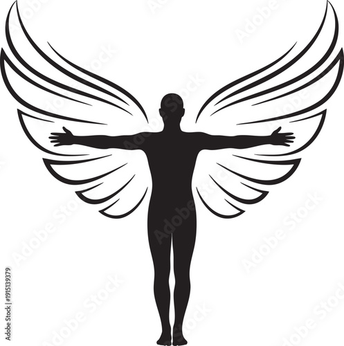 Person with large wings outstretched, symbolizing freedom, hope, spirituality, angelic figure, overcoming challenges