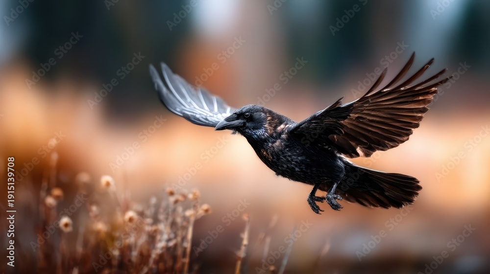 Fototapeta premium A raven soars through the sky, its wings outstretched, embodying the spirit of freedom and mystery against a beautifully blurred natural backdrop.