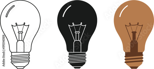 Simple illustration of a trio of light bulbs in different styles and colors