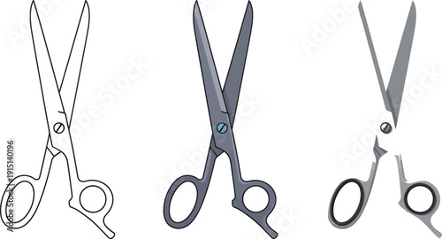 Scissors presented in three design variations on a white background with simple illustrations