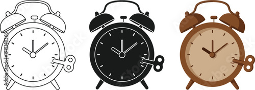 Three distinct alarm clock designs showcasing outline, black, and brown variations in a simple style