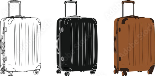 Three different colored suitcases with wheels and retractable handles for travel and transportation