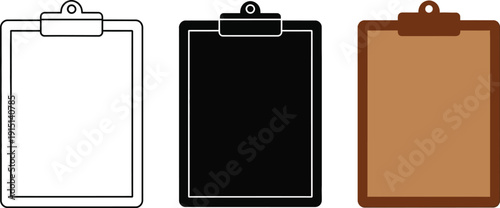 Simple illustration of three clipboards in different colors and styles on a white background