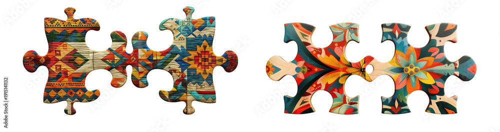 Obraz premium Colorful Woven Puzzle Pieces Connecting, Abstract Tribal Pattern Design isolated on transparent background