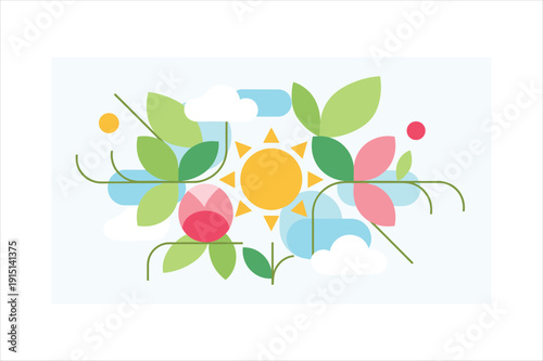 Colorful illustration of sun and flowers with leaves on light blue background