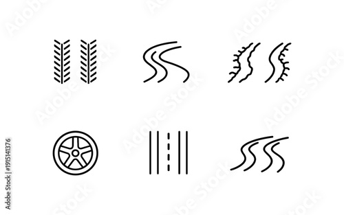 Collection of simple line icons representing different types of roads and tires