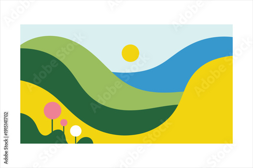 Colorful landscape with hills trees and sun in a simple graphic style