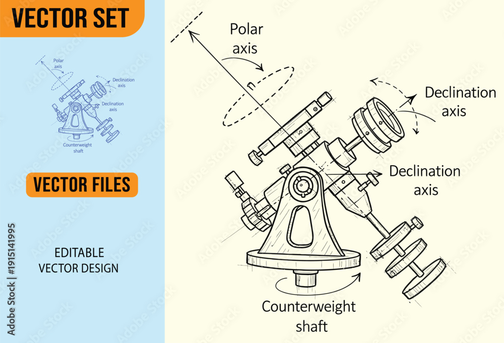 Naklejka premium Astronomy Telescope Mount Technical Sketch Illustration