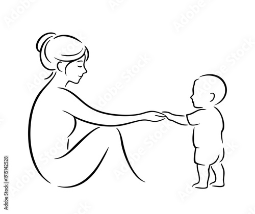 Mother and baby reaching for each other with gentle expressions  